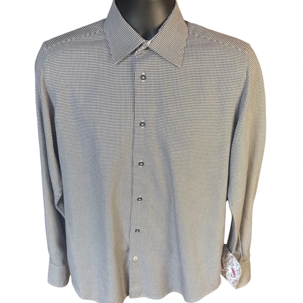 Robert Graham Black White Houndstooth Button Up Paisley Contrast Cuffs Size M